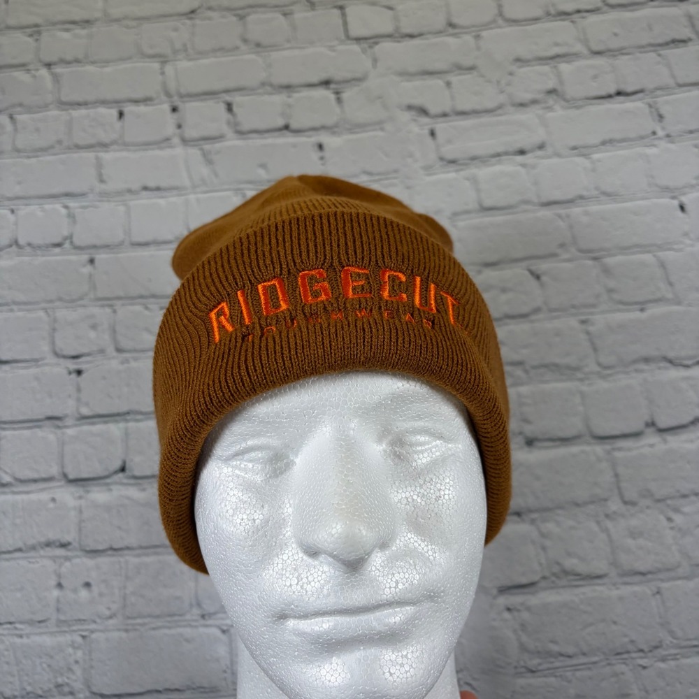 Ridgecut Toughwear Mens Brown Knit Cuffed Beanie Hat Orange Logo